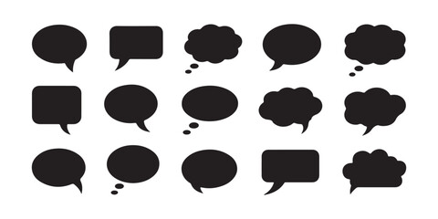 Fototapeta premium Solid black silhouette collection of speech bubbles and thought clouds for comic style design usage.