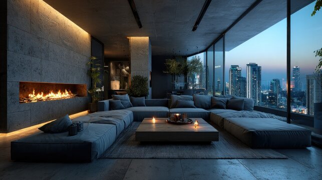 modern rooftop lounge with city view