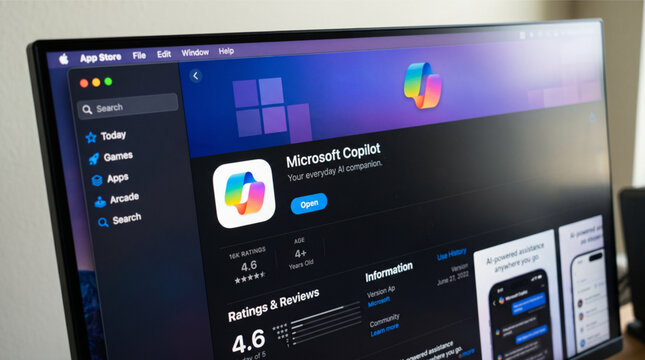 Microsoft Copilot application page in the Apple App Store displayed on a computer monitor screen, everyday AI companion interface showing logo ratings and download button for macOS software.