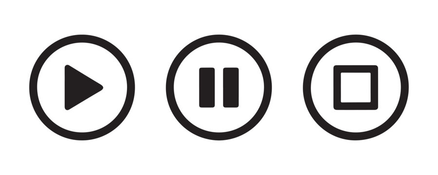 Set of play pause and stop buttons for media player interface design on transparent dark background.