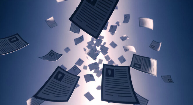 Multiple paper documents and CVs falling through the air on a blue background. Business forms and resumes flying towards a bright light. Human resources and job recruitment marketing concept.