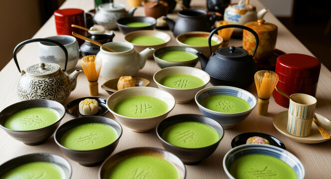 Traditional matcha tea bowls and ceramic teapots arranged on a wooden table. Bamboo whisks and sweets complement the cultural scene. Zen wellness concept, ideal for culinary and travel marketing.
