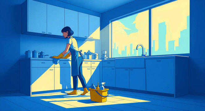 Woman cleaning a kitchen counter in a modern sunlit home. Domestic helper wearing an apron and yellow gloves. Professional cleaning service concept for household chores and maintenance marketing.