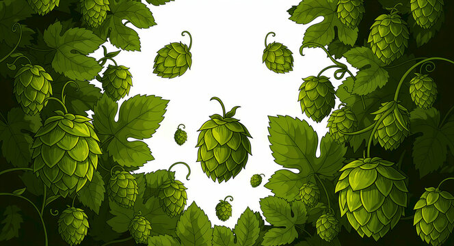 Fresh green hop cones and leaves illustration on white background. Hand-drawn graphic showing brewery ingredients for beer production. Ideal for craft beer labels and beverage marketing designs.