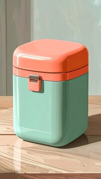 A square container with an orange lid and a mint-green base