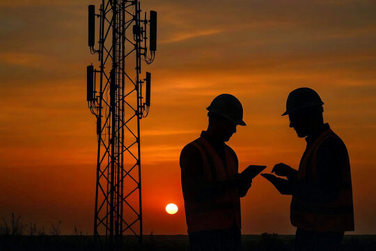 Technicians inspecting mobile network tower antenna during dramatic red sunset