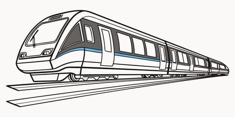 Detailed illustration of a modern passenger train on railway tracks with public transport blue stripe transportation locomotive carriage mobility technology perspective illustration detailed © Mamun