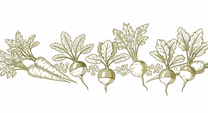 Vintage engraved border with carrots and radishes. Hand-drawn line art of fresh garden harvest and herbs on white. Organic food concept for restaurant menus, packaging, and farm market branding.