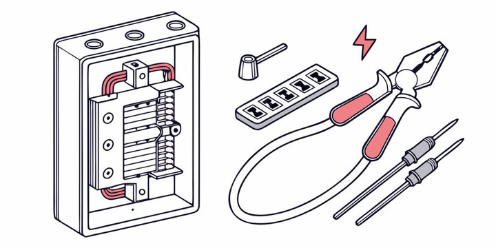 Isometric illustration of an electrical panel with circuit breakers and associated tools including a plug and pliers circuit breaker distribution box fuse box electrical work electrical safety