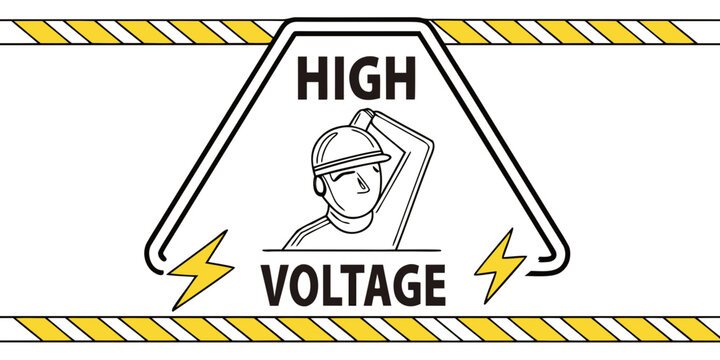 High voltage warning sign with worker illustration and lightning bolts electricity warning danger zone power line electrical hazard electricity electrical lightning illustration information