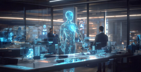 Obraz premium A futuristic office with a floating AI assistant enhancing productivity through multitasking and digital interfaces. Generated image