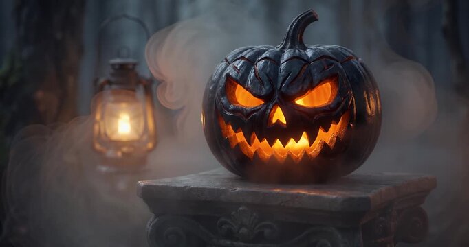 A spooky black jack-o'-lantern with glowing orange eyes and mouth sits on a stone pedestal amidst swirling fog, with a vintage lantern in the background, creating an eerie Halloween atmosphere.