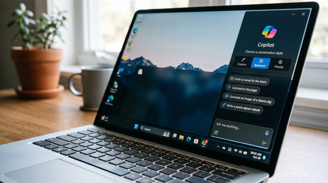 Microsoft Copilot artificial intelligence AI assistant chatbot interface displayed on a laptop computer screen in a bright home office setting with Windows 11 operating system taskbar and icons.