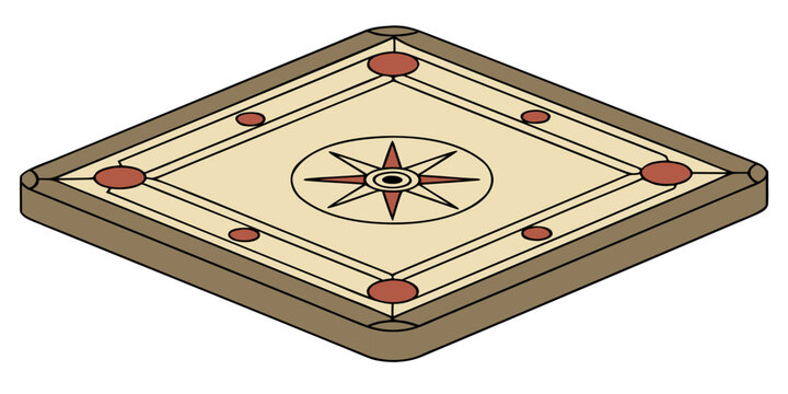 Isometric view of a carrom board with a central compass design and corner pockets board game indoor game tabletop game leisure activity family game room white background recreation