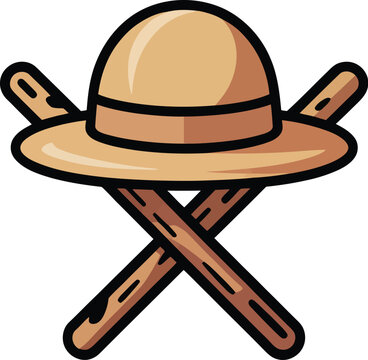 Flat of a tan safari pith helmet resting on two crossed wooden walking sticks or hiking poles on a white background
