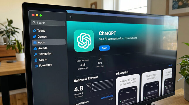 ChatGPT app store page with artificial intelligence chatbot interface on a desktop computer monitor screen, digital application marketplace for OpenAI software installation and user ratings.