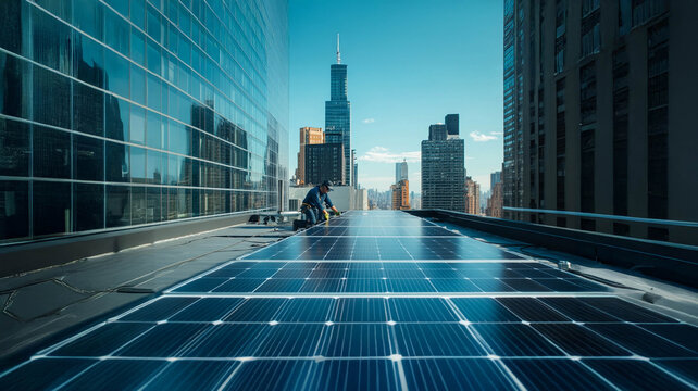 Master Installing Solar Panels on a Roof for Sustainable Energy Solutions. Generated image