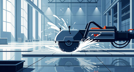 Obraz premium Industrial floor saw cutting through floor tiles with water splashing. Modern masonry equipment operating in a clean factory environment. Precision construction and manufacturing concept.