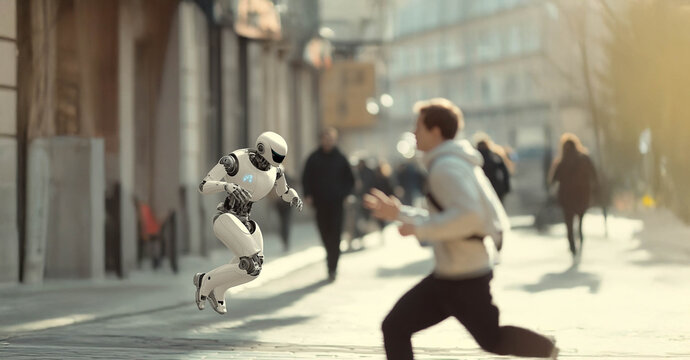 Man Running Through City Streets, Escaping a Robot Controlled by Artificial Intelligence. Generated image