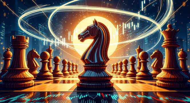 Chess knight on board with glowing financial charts and city skyline. Strategic trading and investment analysis concept. Ideal for business, finance, and stock market leadership marketing.