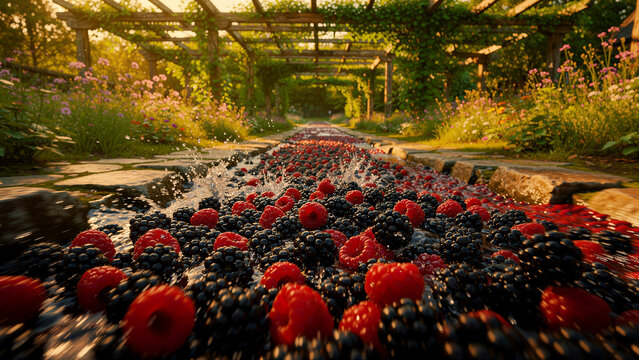 Fresh raspberries and blackberries flowing in a garden stream. Golden light reflects off splashes and fruit under a pergola. Organic food and nature concept for wellness marketing.