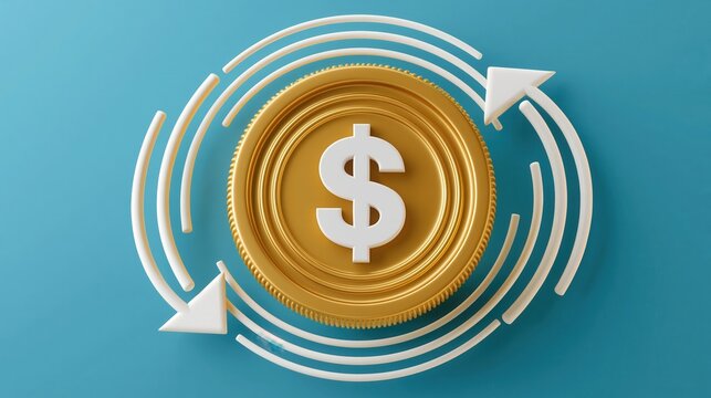 Golden dollar coin surrounded by white circular arrows effectively illustrates concepts of financial.