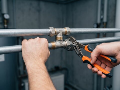 A close-up shot of a plumber's hands using orange tongue-and-groove pliers to tighten a brass T-fitting joint on water pipes.