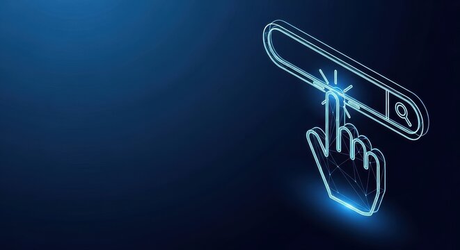 Digital Hand Cursor Clicking a Glowing Button on a Dark Blue Futuristic Background