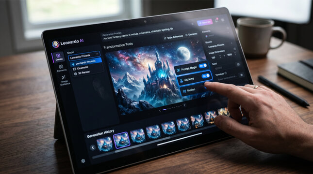 Leonardo AI website interface displayed on a tablet screen with a person's hand using generative tools like Alchemy and Motion to create a fantasy castle image, artificial intelligence concept.