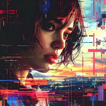 A woman's face amidst distorted digital glitches and a vibrant sunset
