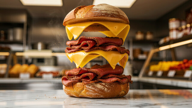 Floating roast beef and cheese sandwich with deconstructed layers. Sliced beef and melted cheddar levitate in a restaurant kitchen. Gourmet food concept for deli menus and culinary marketing.