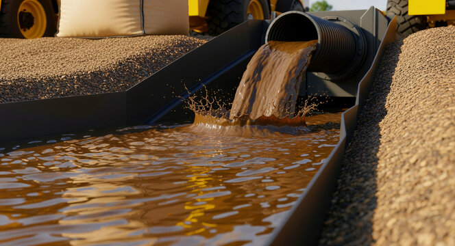 Muddy water flowing from an industrial pipe into a drainage channel. Dirty brown liquid splashing at a construction site. Waste management concept, ideal for industrial and civil engineering use.