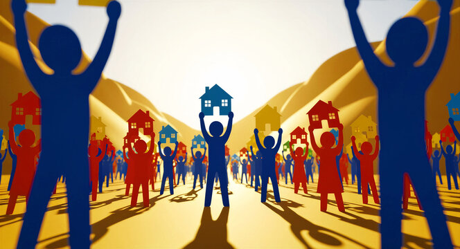 Colorful paper people holding house icons against a sunny desert landscape. A diverse community celebrating home ownership and property growth. Real estate market and housing affordability concept.