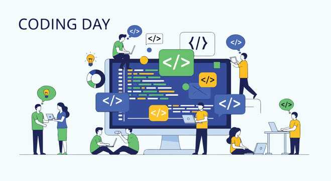 A colorful illustration of people coding