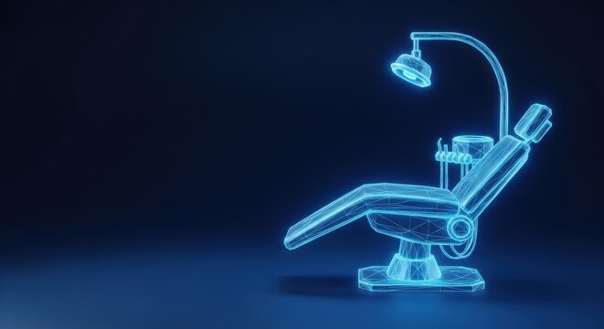 Futuristic neon blue wireframe dental chair illuminated in a dark setting representing advanced dental technology and healthcare.
