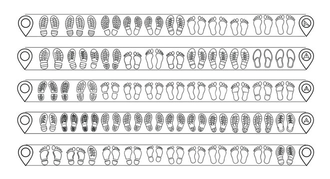 Set of five horizontal paths showing different types of shoe prints and barefoot tracks leading between location icons on a white background.