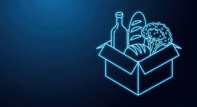 Neon outline of a grocery delivery box filled with bread, bottle, and produce against a dark blue background