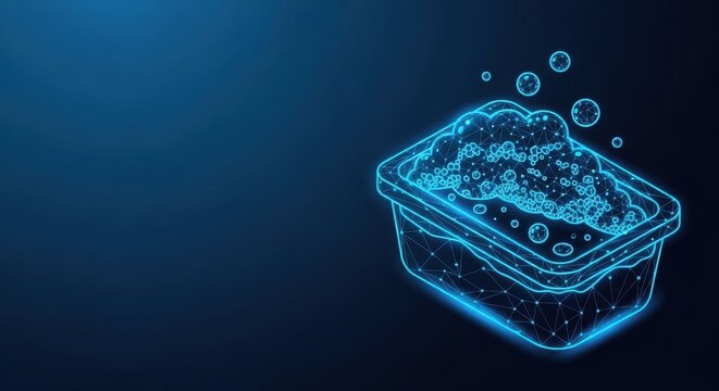 Digital wireframe of a basin filled with soapy water and bubbles, glowing blue on a dark background, representing cleaning and hygiene