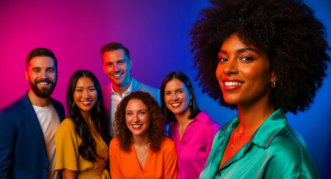 Diverse group of smiling professionals against a vibrant neon background. A confident black woman leads a multi-ethnic team. Ideal for diversity, teamwork, and leadership marketing concepts.