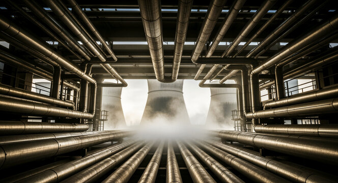 Industrial pipeline system framing massive cooling towers with rising steam. A complex network of steel pipes at a power plant facility. Energy production concept, ideal for engineering and utility.