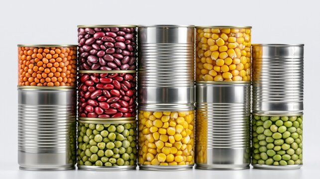 Stacked tin cans filled with various legumes and vegetables, including lentils, kidney beans, corn, and peas.