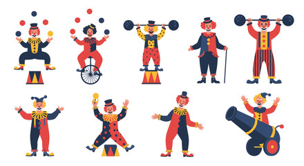 Fototapeta premium Variety of colorful circus clowns performing different entertaining acts such as juggling and unicycling in a fun character collection.