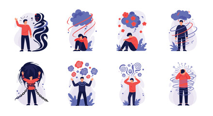 Fototapeta premium Group of individuals facing various psychological difficulties and emotional stress portrayed in a set of conceptual flat illustrations.