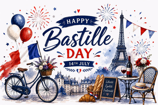 Watercolor illustration of bastille day celebration with eiffel tower and french flag