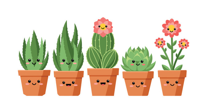 Row of five adorable potted succulent and cactus plants with adorable smiling faces in a colorful pixel art style for a charming garden theme.