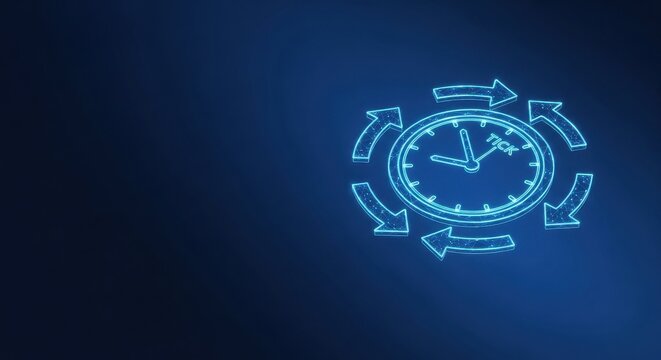 Glowing blue digital clock with rotating arrows on a dark background, symbolizing time and process