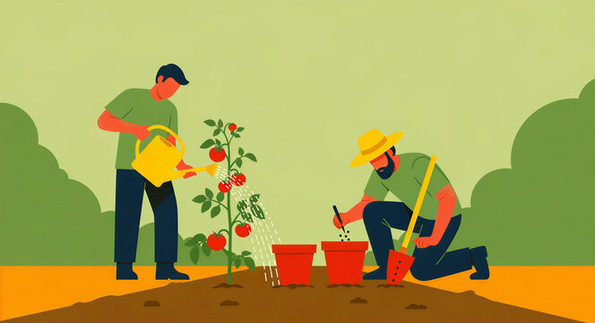 Two men gardening and watering tomato plants in an outdoor setting. One man uses a yellow watering can while the other plants seeds. Sustainable lifestyle concept for organic farming marketing.