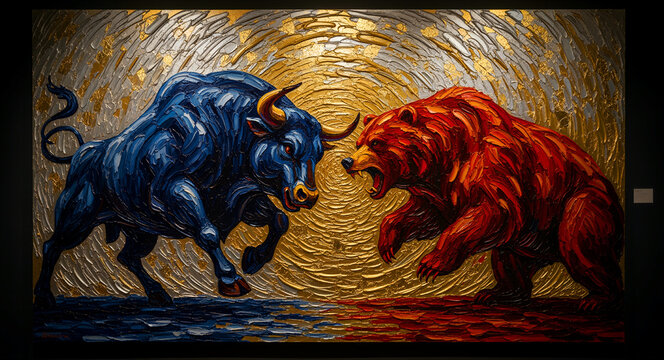 Blue bull and red bear charging in a textured oil painting style. Thick impasto brushstrokes and metallic gold accents create a dynamic scene. Financial market concept for trading and investment.