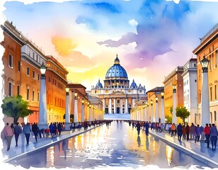 Obraz premium Watercolor painting of a sunlit avenue leading to a domed cathedral
