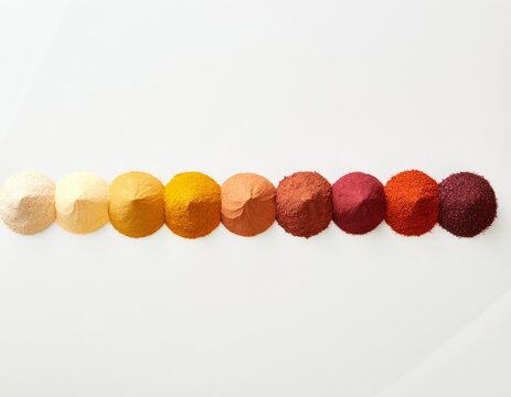 Birds-eye flat lay composition of 15 ground spices arranged in a perfect chromatic